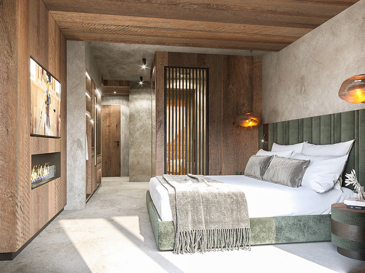 A modern bedroom with a large bed, wooden panel walls, a built-in fireplace, and a green upholstered headboard.