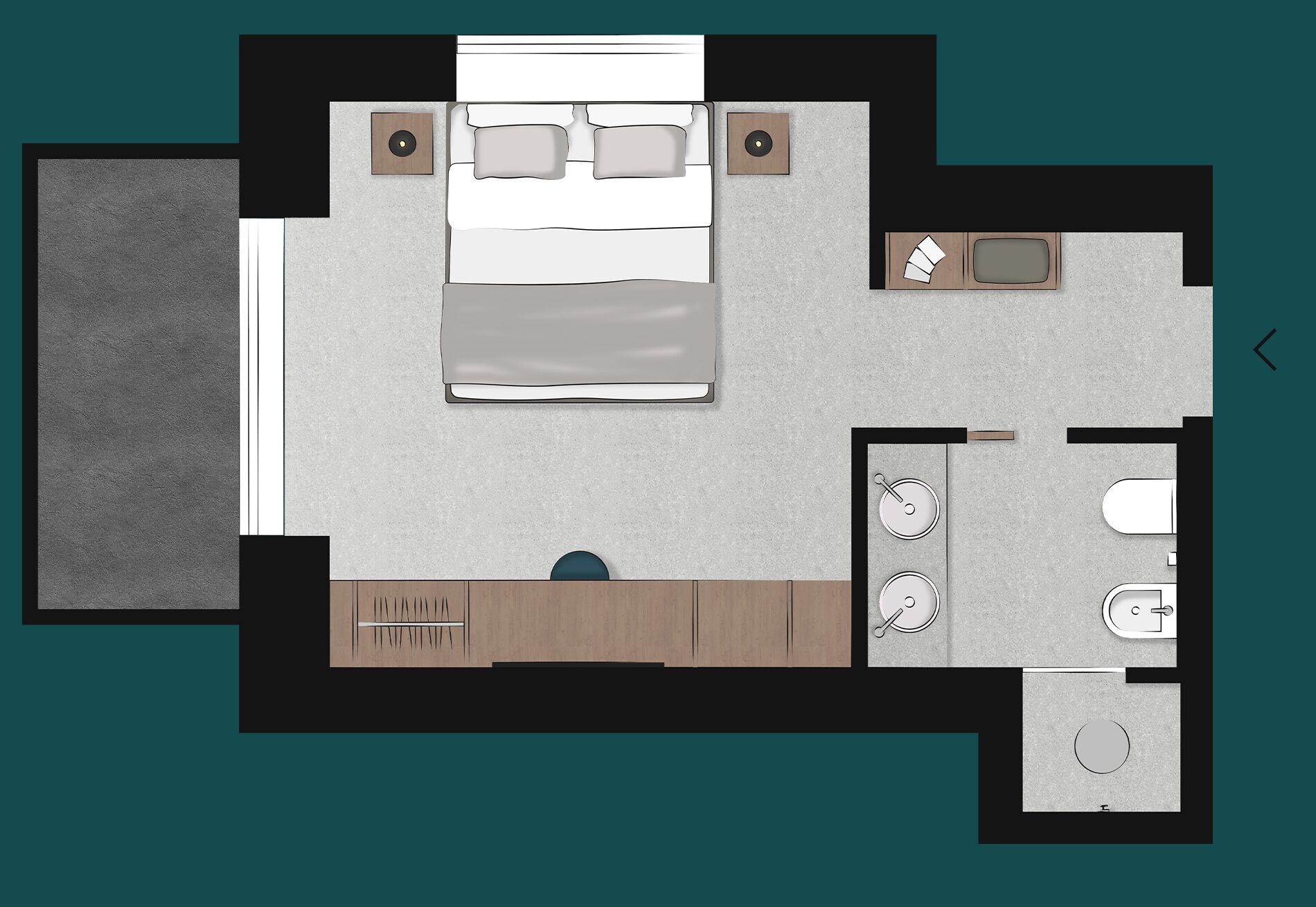 Distribución de una habitación de hotel con cama, un pequeño rincón de descanso, kitchenette, baño y aseo separado.