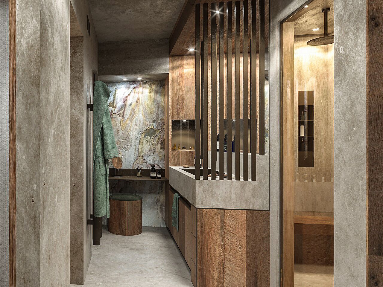 Een smalle, moderne badkamer met een marmeren wand, houten details en een glazen wand.