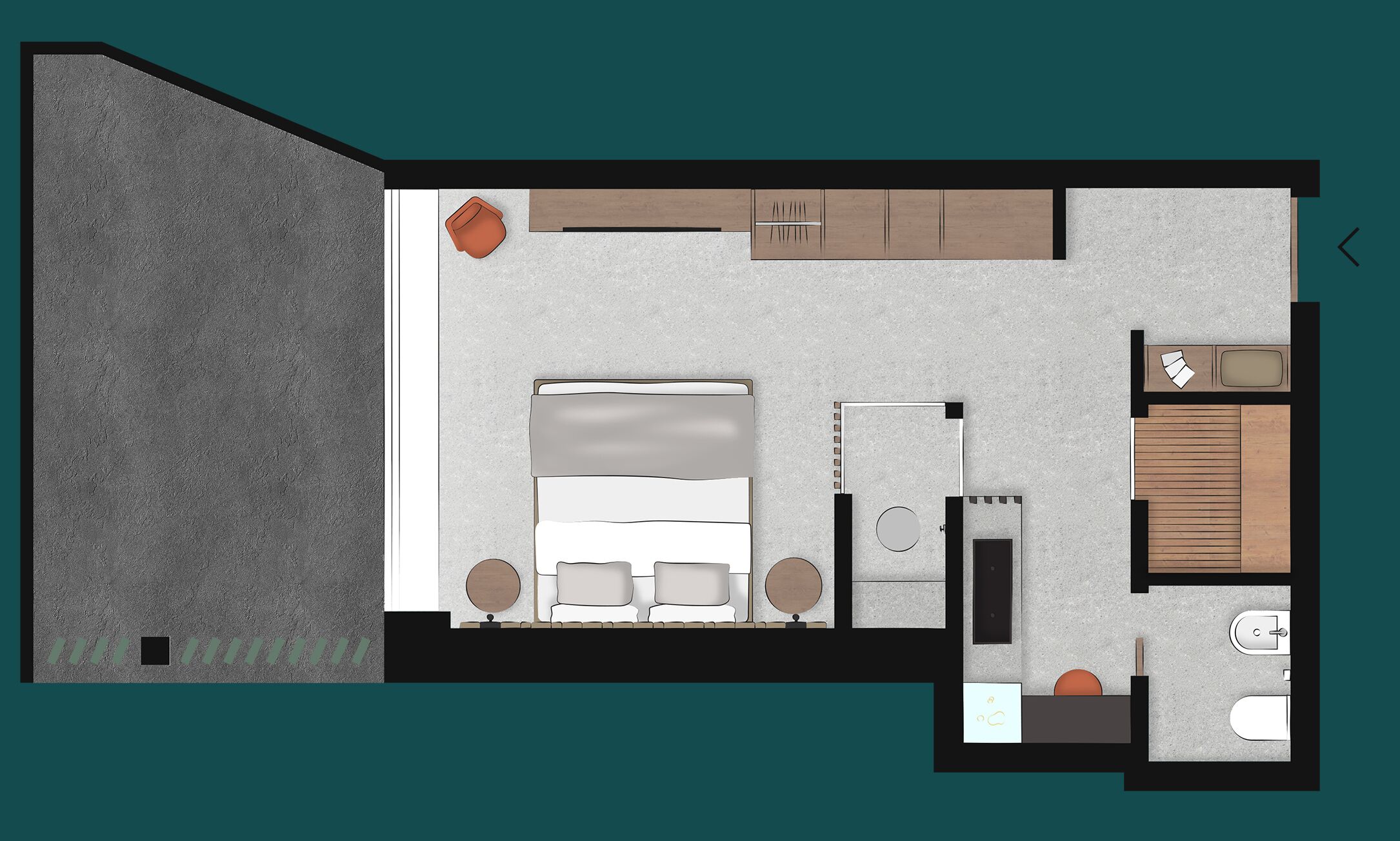 Distribución de un apartamento de dos habitaciones, con sala de estar, kitchenette y baño.
