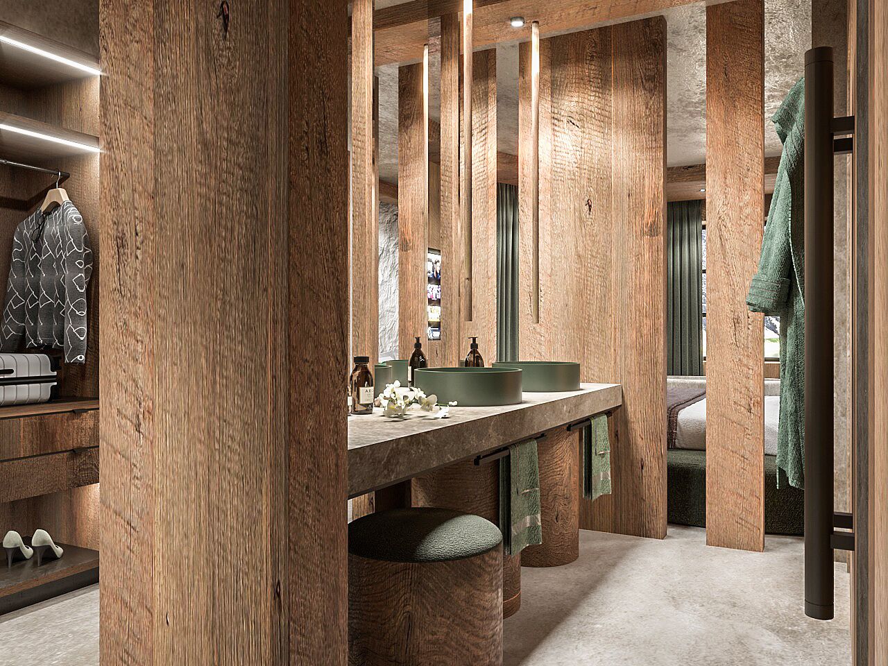 A modern bathroom with wooden beams, a large sink, and a mirror.