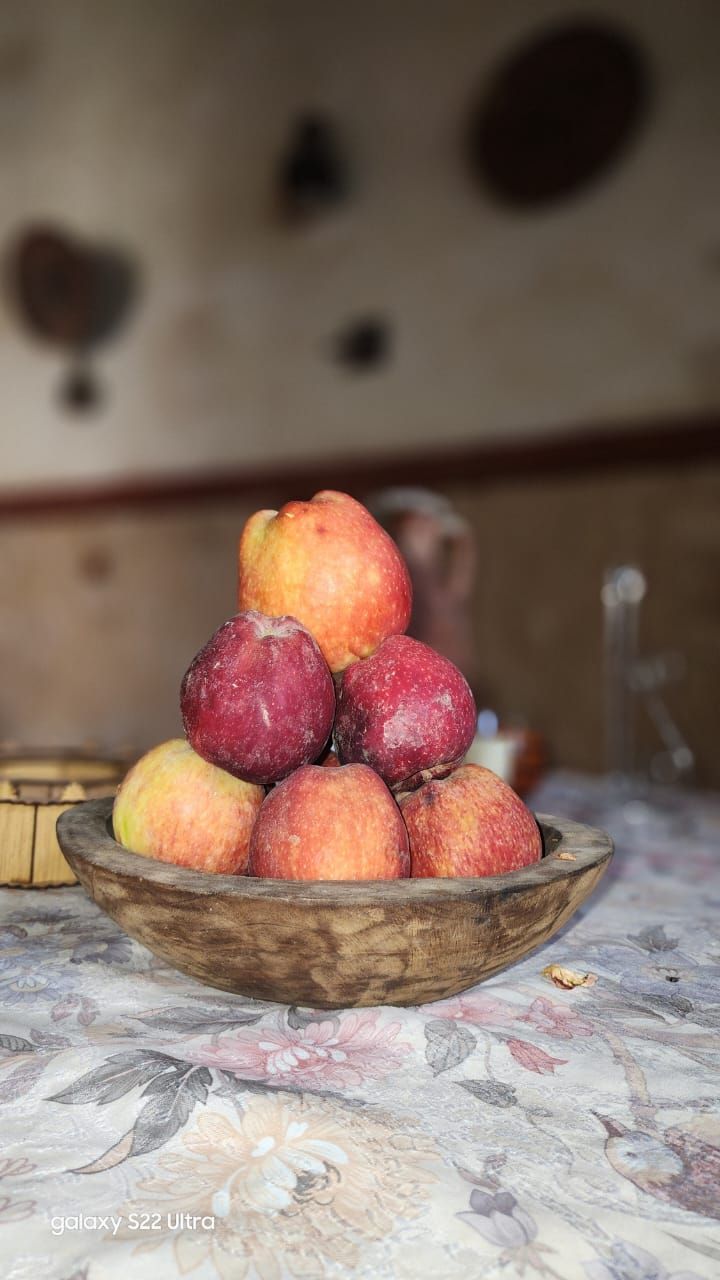 A wooden bowl on a table with a floral tablecloth, containing a stack of peaches.