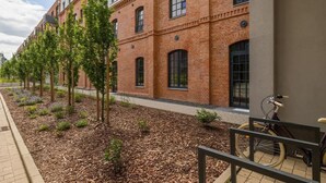 A row of brick buildings with a bike parked in front.