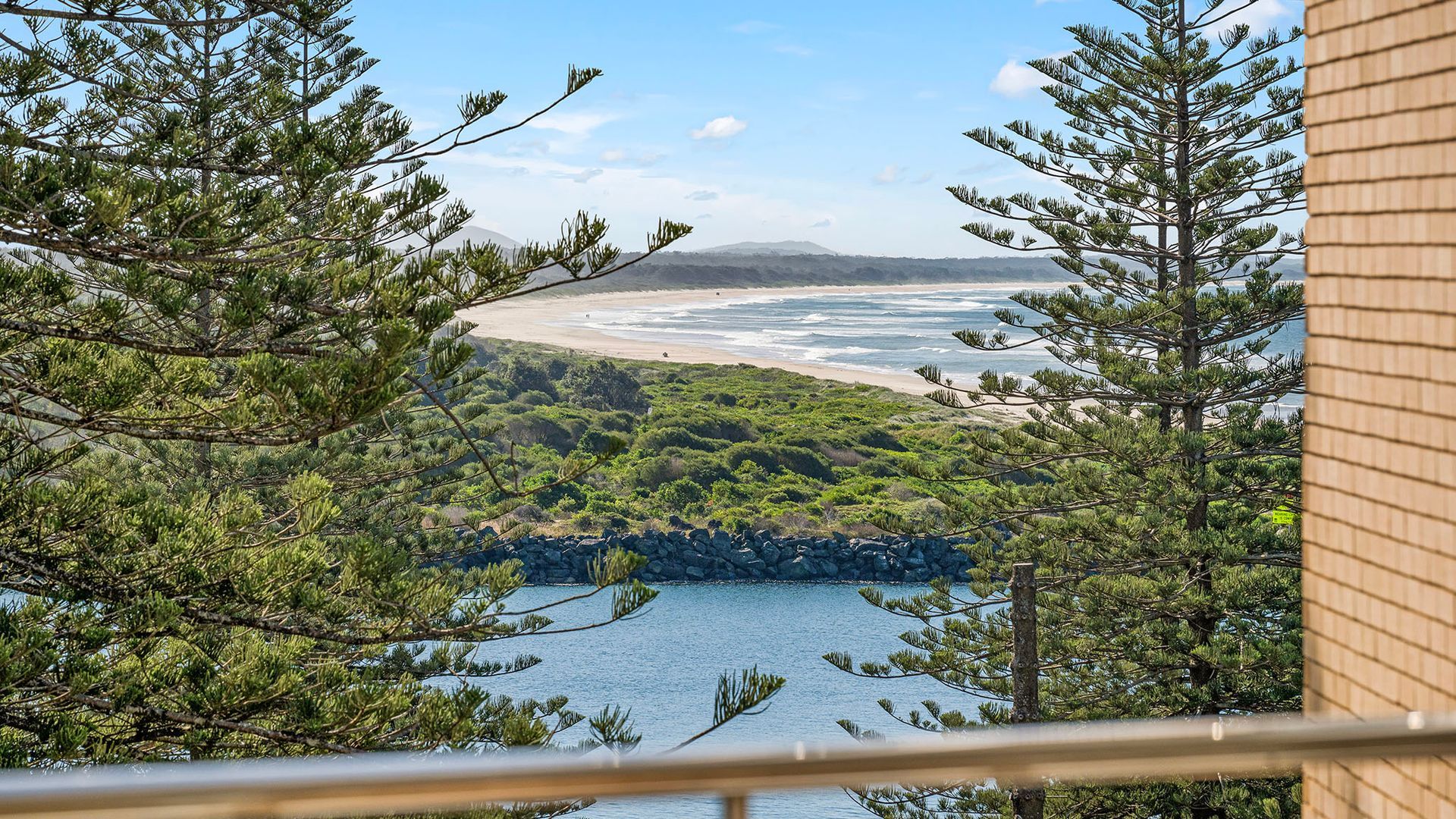 Une vue côtière avec une plage, l’océan et une v égétation luxuriante.