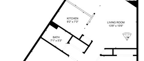 Ein Grundriss eines Wohnbereichs mit Balkon, Essbereich, Küche, Wohnzimmer, Hauptschlafzimmer, Gästezimmer sowie zwei Badezimmern.