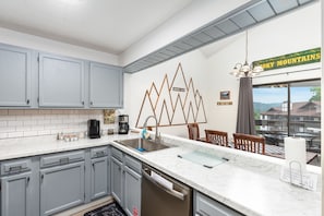 Fridge, microwave, dishwasher, coffee/tea maker