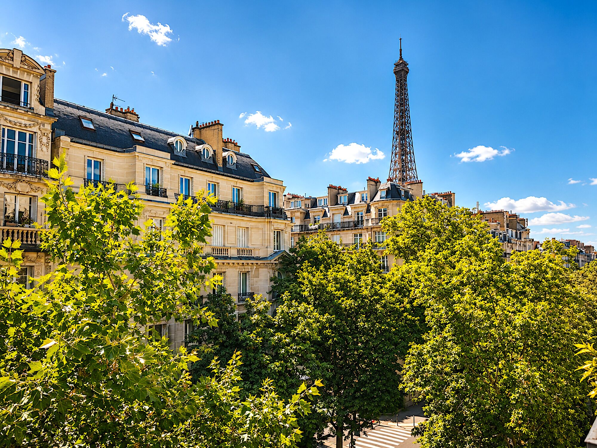 Blick auf Paris mit dem Eiffelturm im Hintergrund, umgeben von klassischer europäischer Architektur und üppigem Grün.