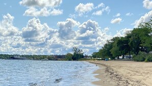 Una playa con arena, un cuerpo de agua y una línea de árboles al fondo.