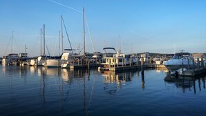 Un puerto deportivo con varias embarcaciones amarradas a muelles de madera.