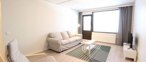 A modern living room with a sofa, armchair, coffee table, and a flat-screen TV on a stand.
