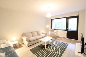 Apartamento estándar | Zona de estar | Televisión de 32 pulgadas con canales por cable