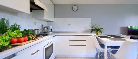 Fridge, oven, dishwasher, coffee/tea maker
