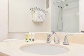 Secador de cabelo, toalhas de banho, shampoo, papel higiênico