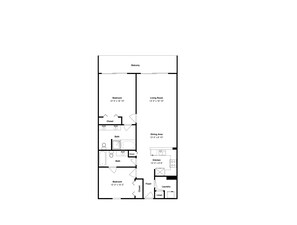 Grundriss eines Hotelzimmers mit Balkon, Schlafzimmer, Wohnzimmer, Essbereich, Küche und Bad.