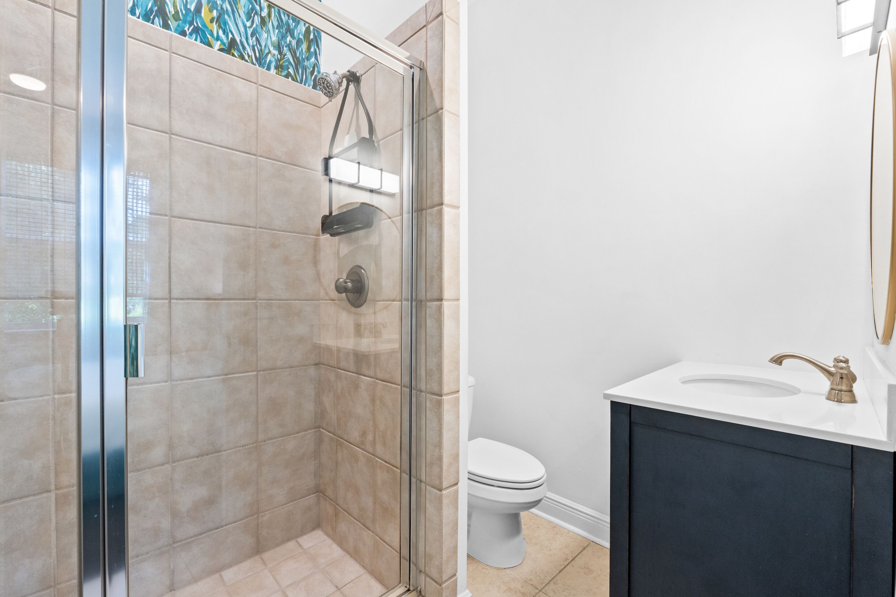 Une salle de bain avec une douche à parois de verre, des toilettes blanches et un meuble-lavabo foncé avec un lavabo blanc.