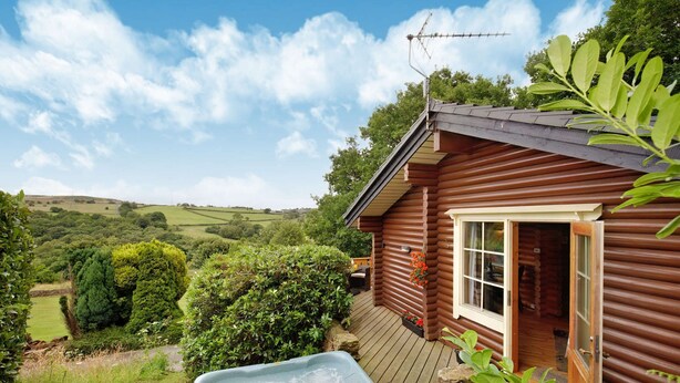 Une cabane en bois dotée d’un bain à remous, entourée d’une végétation luxuriante et de collines.