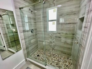 Hair dryer, towels, soap, shampoo
