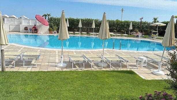 A swimming pool with lounge chairs and umbrellas, surrounded by a well-maintained lawn and greenery.
