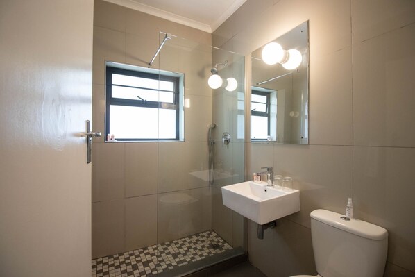 A bathroom with a glass-enclosed shower, a sink, a toilet, and a mirror with lights.