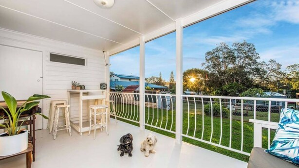 Un balcon abrité avec une balustrade blanche, une petite table et deux chiens.