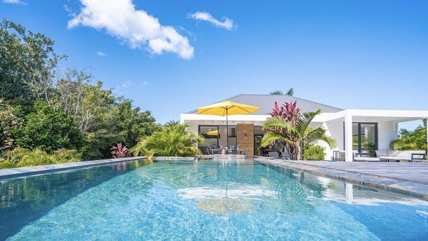 Una piscina con una casa moderna al fondo, rodeada de exuberante vegetación.