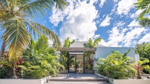 Un edificio moderno con un acceso cubierto, rodeado de plantas tropicales y un cielo despejado.