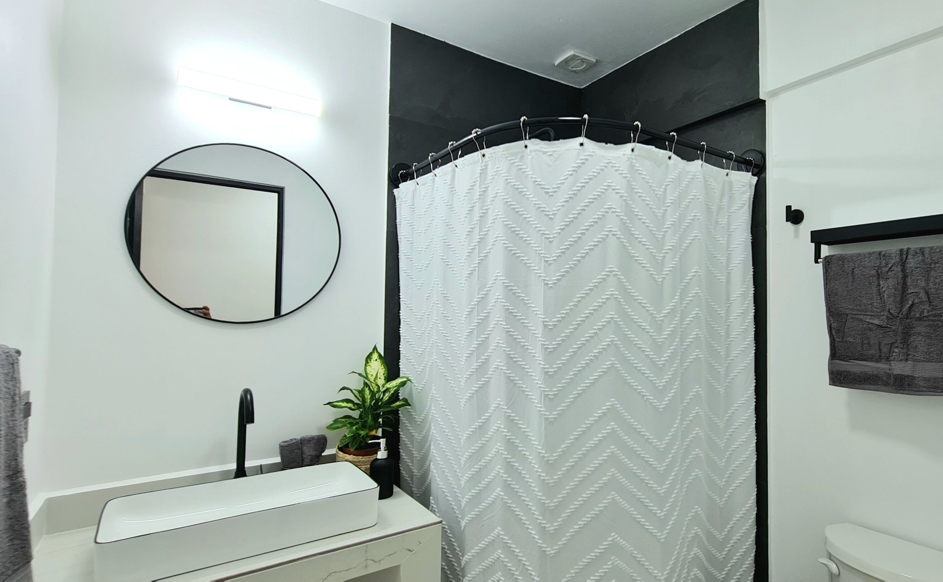 Hair dryer, towels, soap, shampoo