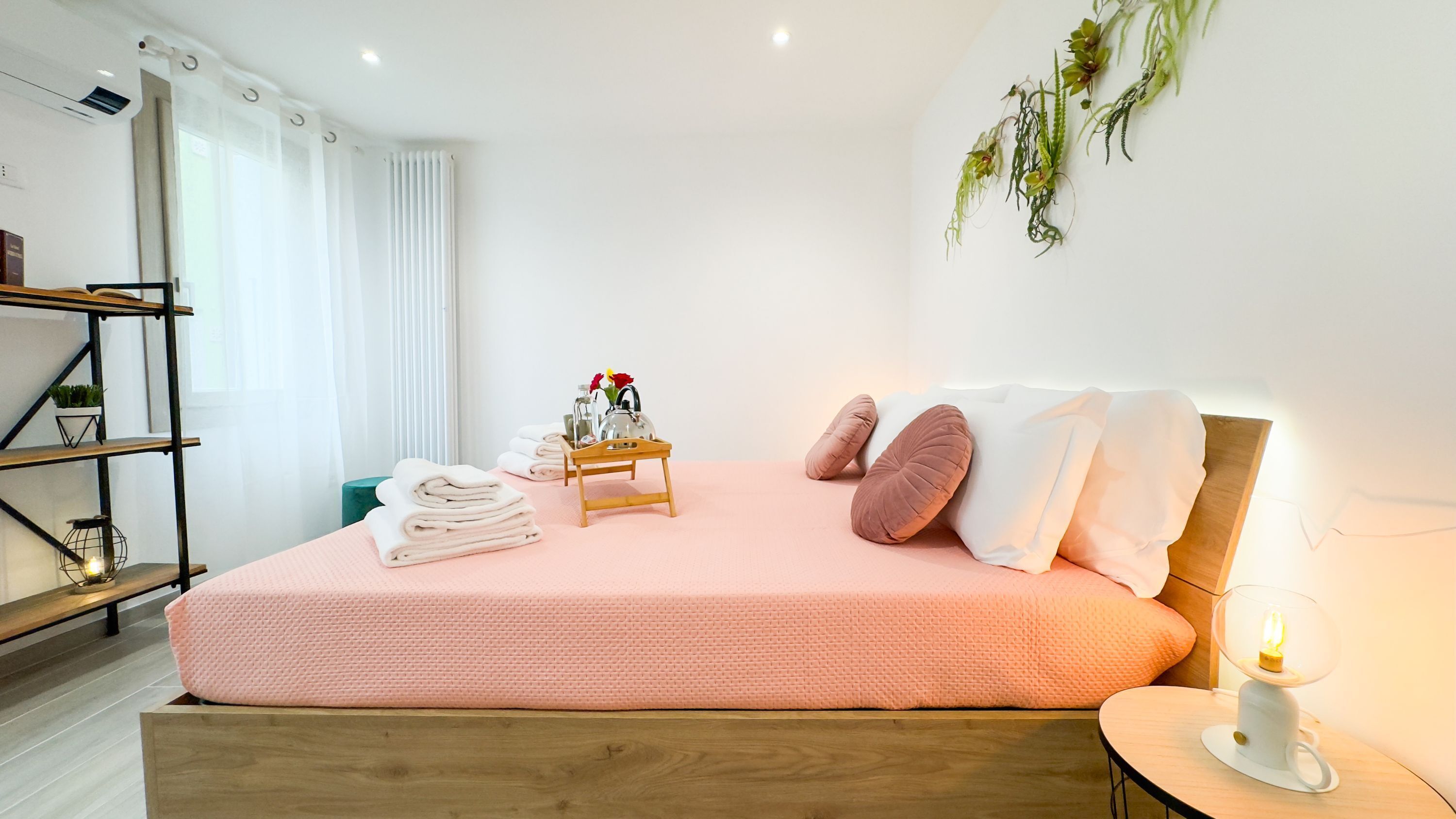 A neatly made bed with pink bedding, a bedside table with a lamp, and a shelf with plants.