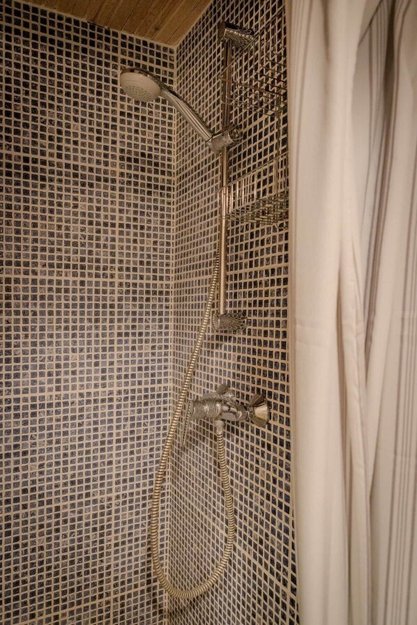 A shower with a curved hose and a handheld showerhead, set against a tiled wall. - Secluded home in Le Caunil (Salvezines)