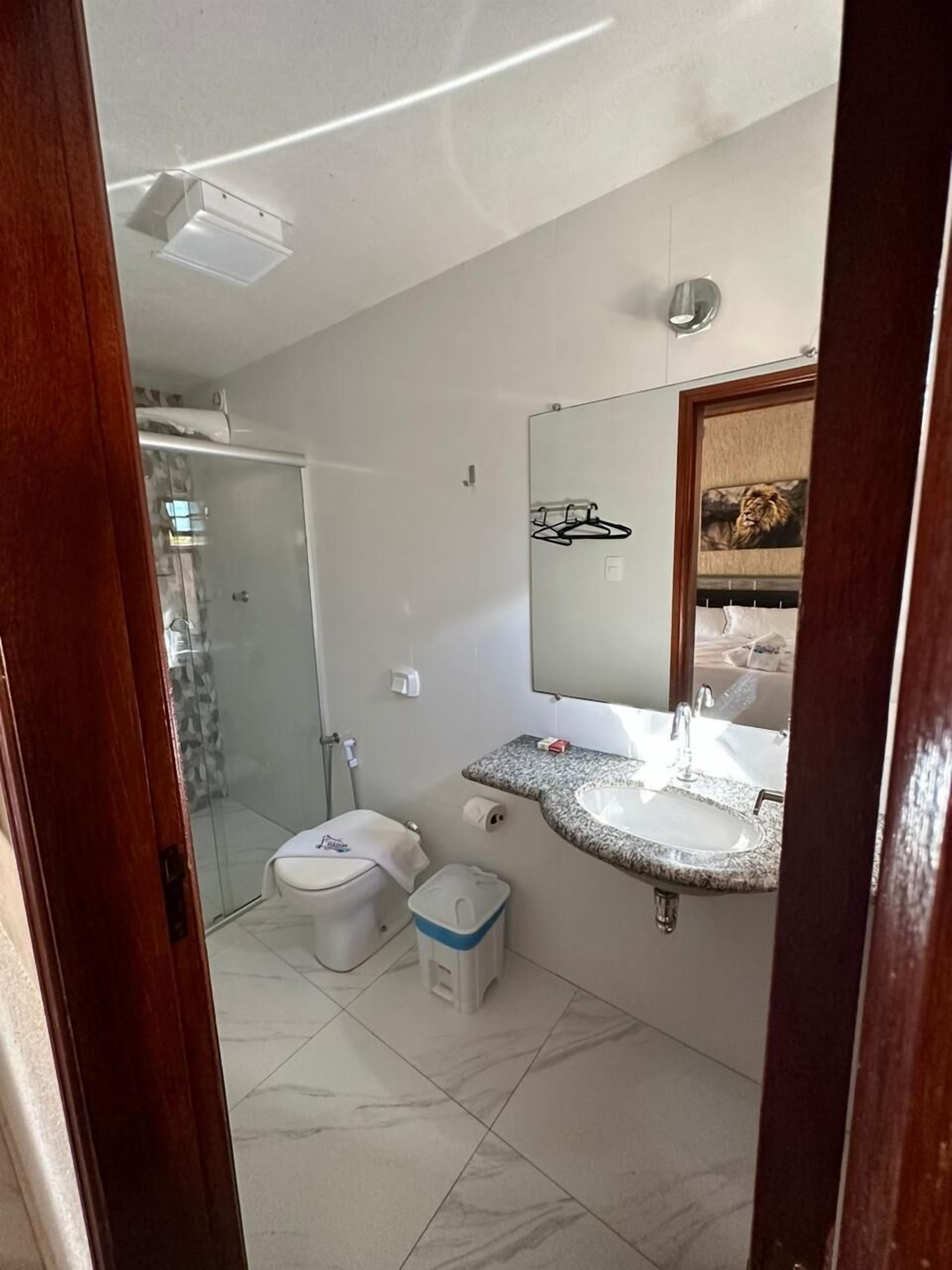 A bathroom with a shower, toilet, sink, and a mirror.
