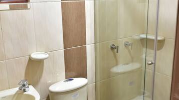 Shower, towels, soap, shampoo