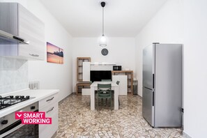 Fridge, microwave, oven, electric kettle