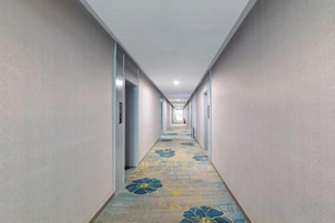 Un largo pasillo de hotel, estrecho, con puertas a ambos lados y suelo alfombrado.