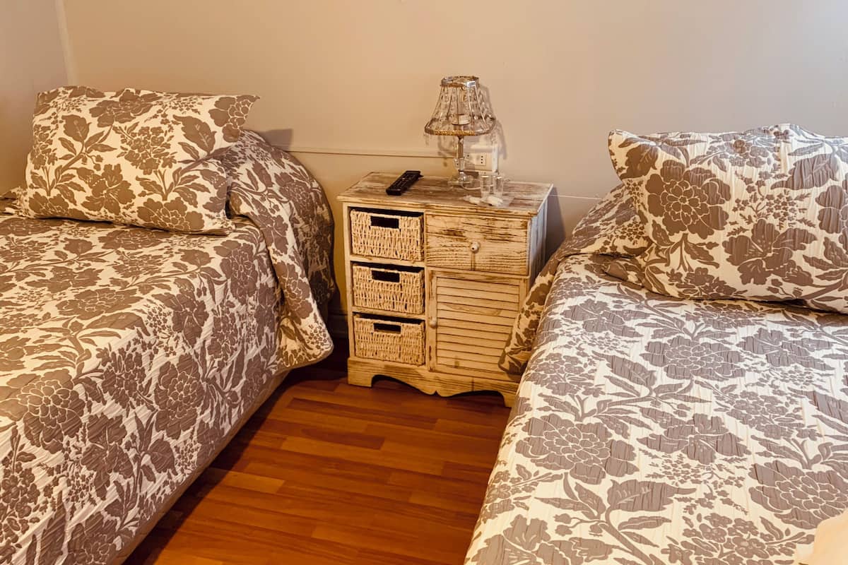 Une chambre avec deux lits, une table de chevet avec une lampe et une petite commode.