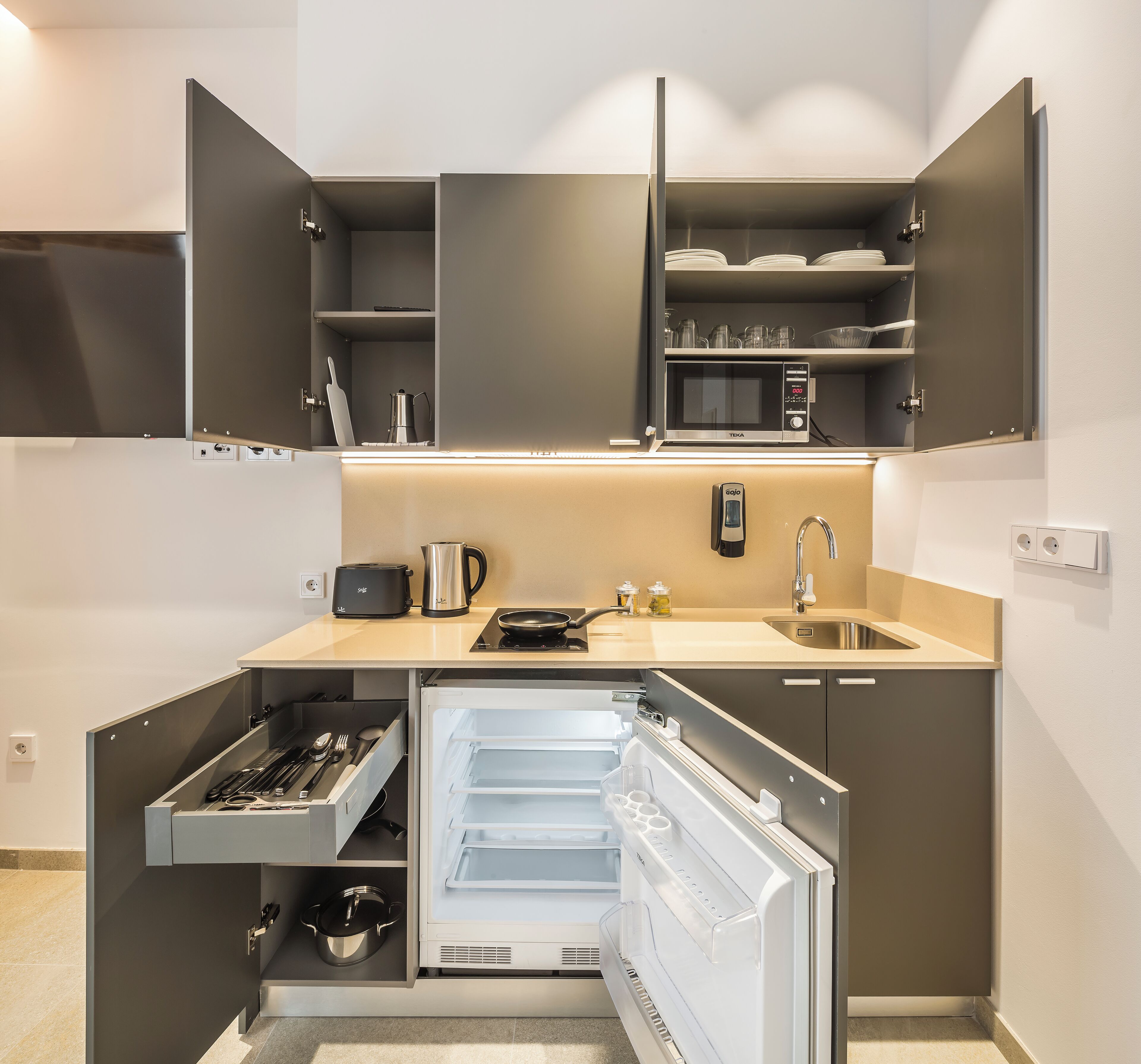 Frigorífico, microondas, horno y placa de cocina