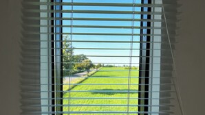 Ein Fenster mit horizontalen Jalousien, mit Blick auf ein grünes Feld und eine Straße in der Ferne.