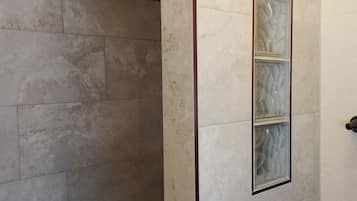 Hair dryer, towels, soap, shampoo