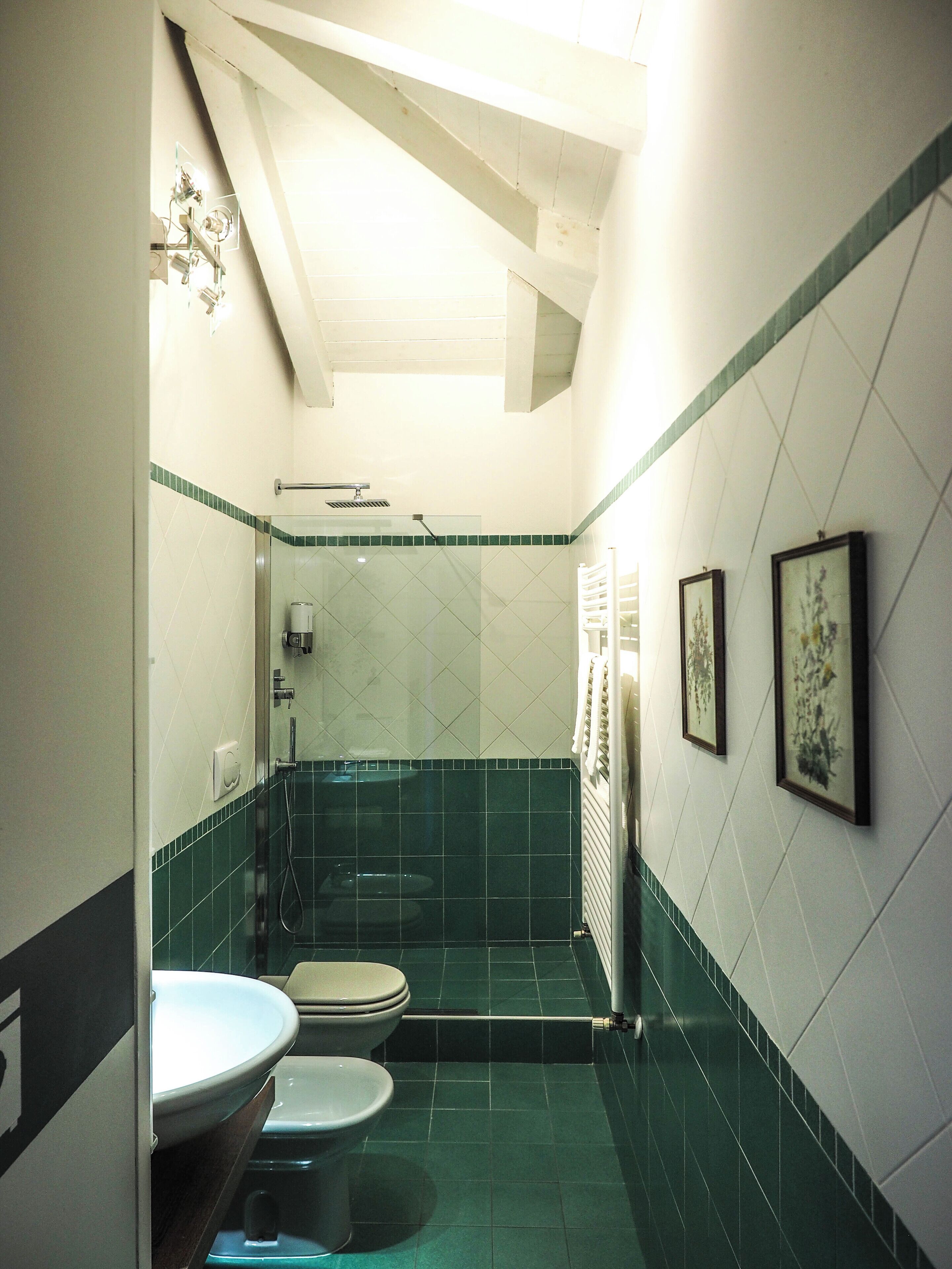 A bathroom with two toilets, a shower, and a wall-mounted sink.
