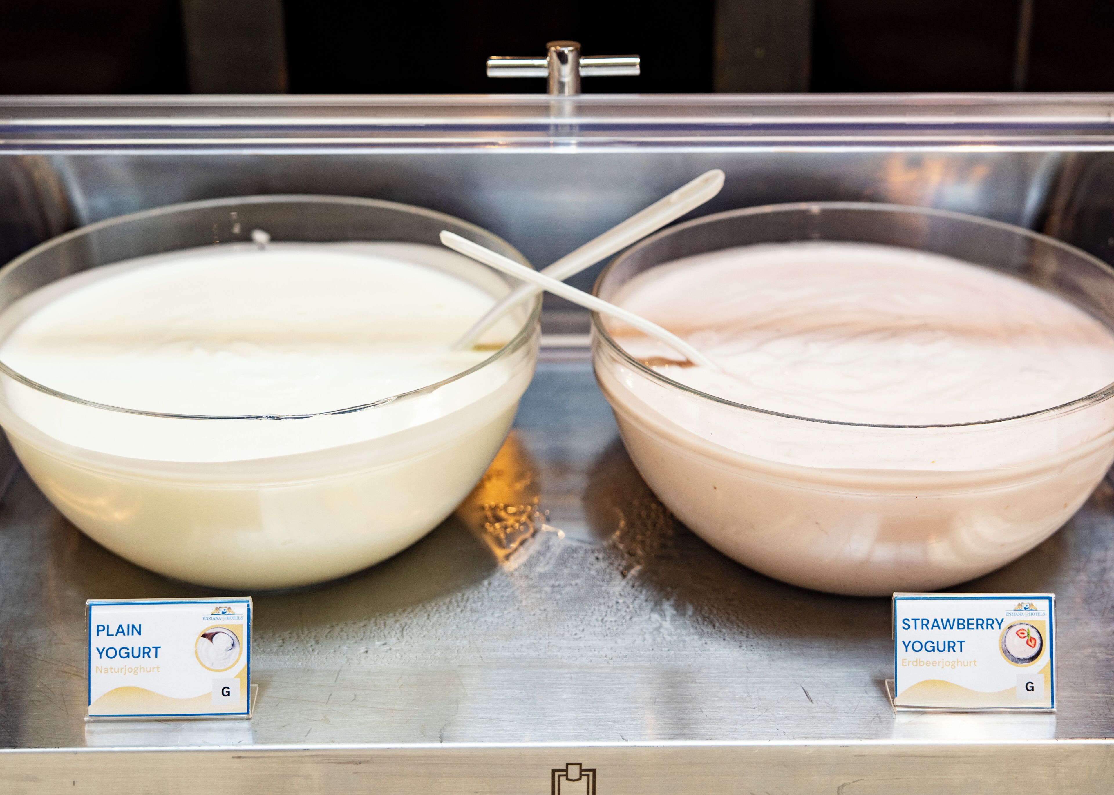 Two bowls of yogurt, one plain and one strawberry, with spoons in them, placed on a metal counter.
