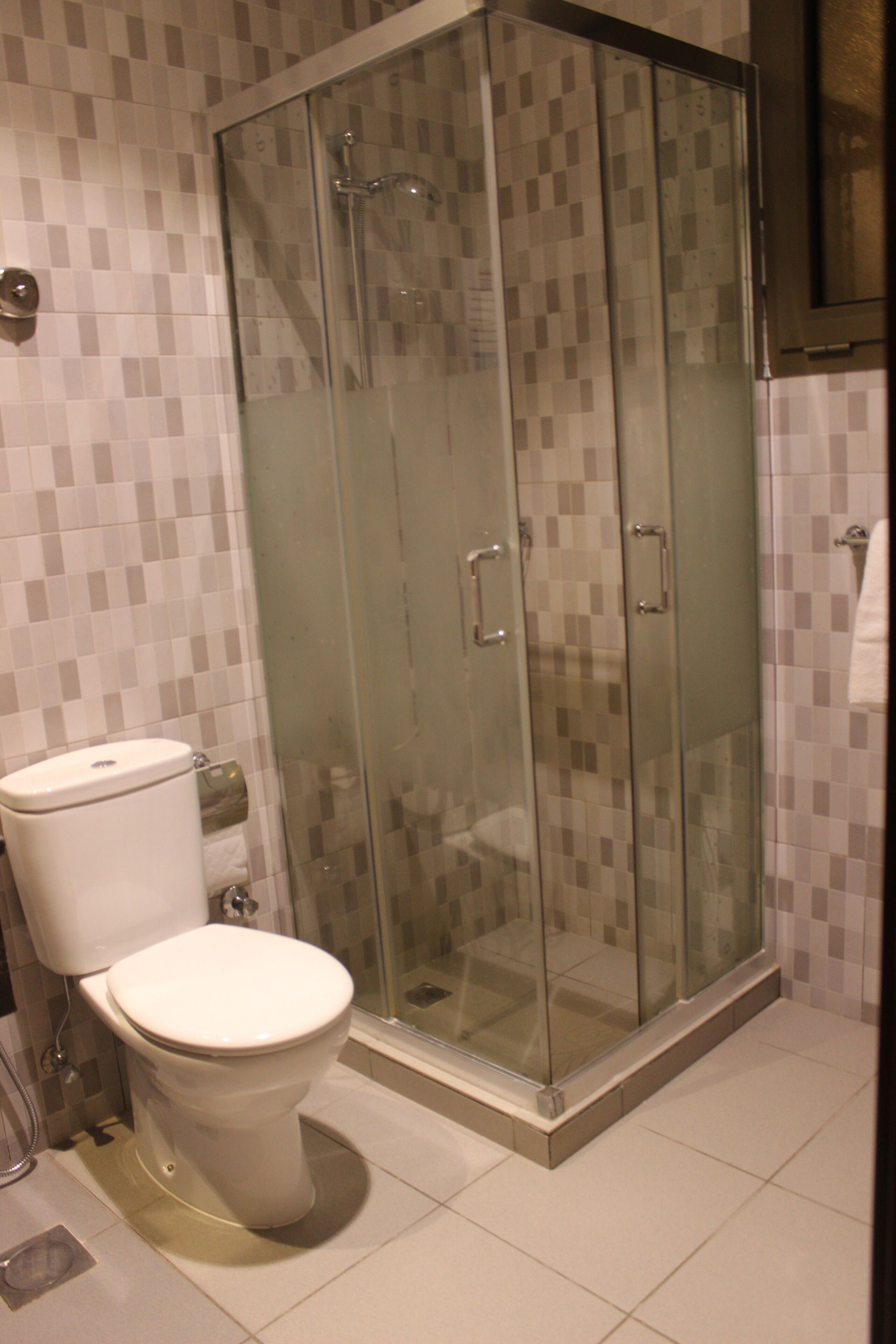 Une salle de bain avec une douche à parois de verre, des toilettes et des murs carrelés.