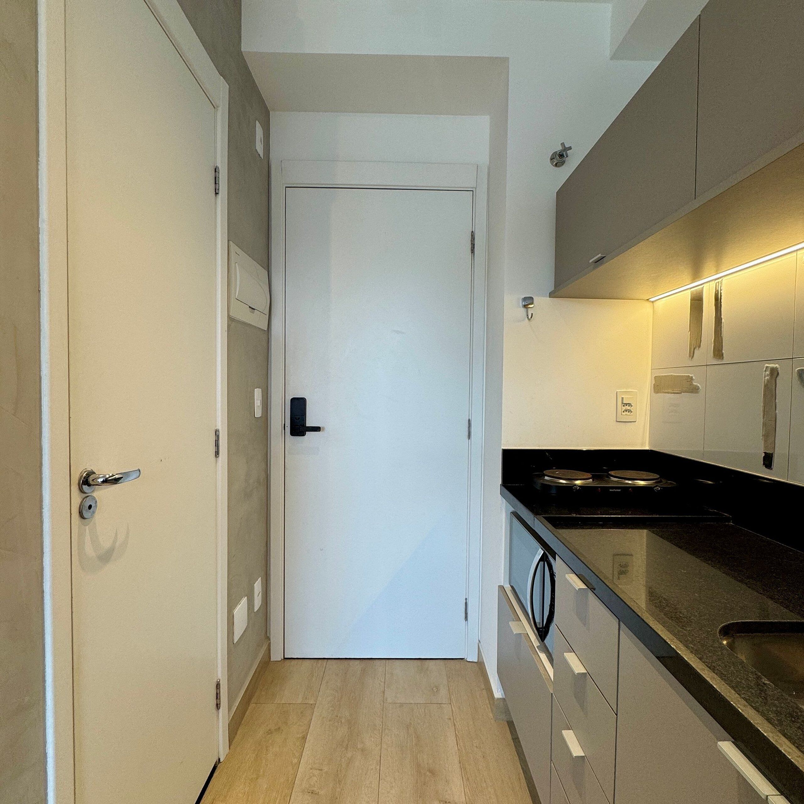 Un pasillo estrecho que conduce a una puerta blanca, con una zona de cocina que incluye una encimera negra y armarios de madera.