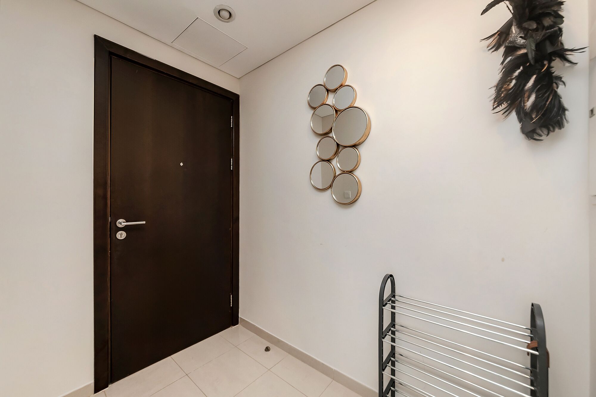 A hallway with a dark wooden door, a wall-mounted mirror arrangement, and a radiator.