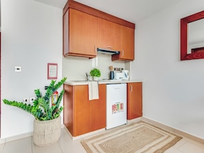 Una cocina compacta con armarios de madera, lavavajillas integrado y una pequeña encimera.