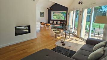 TV connectée, cheminée, livres, chaßne hi-fi