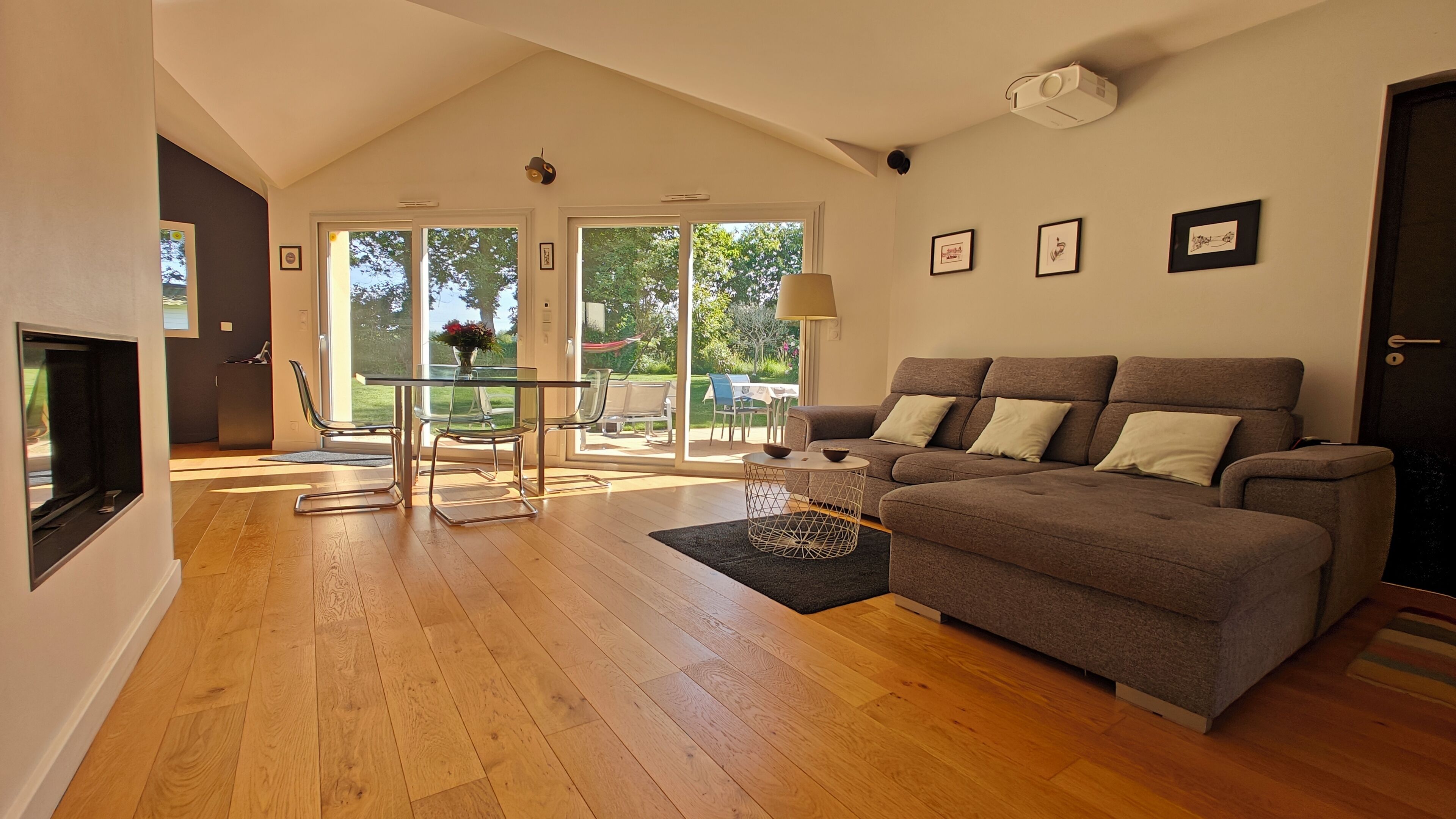 TV connectée, cheminée, livres, chaîne hi-fi