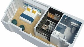 Plano de planta en 3D de una habitación de hotel con cama, escritorio, baño y un pequeño espacio de descanso.