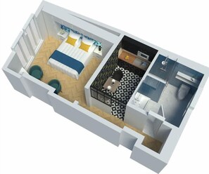 A 3D floor plan of a hotel room with a bed, a desk, a bathroom, and a small seating area. - MM Suites Marlot (Reims)