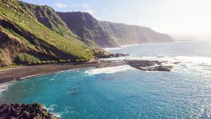A coastal landscape with a clear view of the ocean, rocky shoreline, and lush green hills.