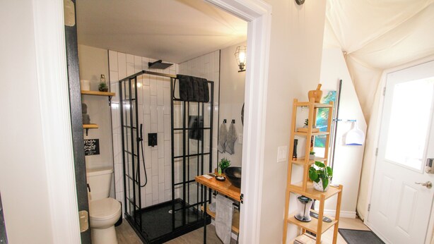 A bathroom with a glass shower enclosure, a toilet, and a wooden shelf with a plant. - Nautical Dome Accommodations (Monks Head)