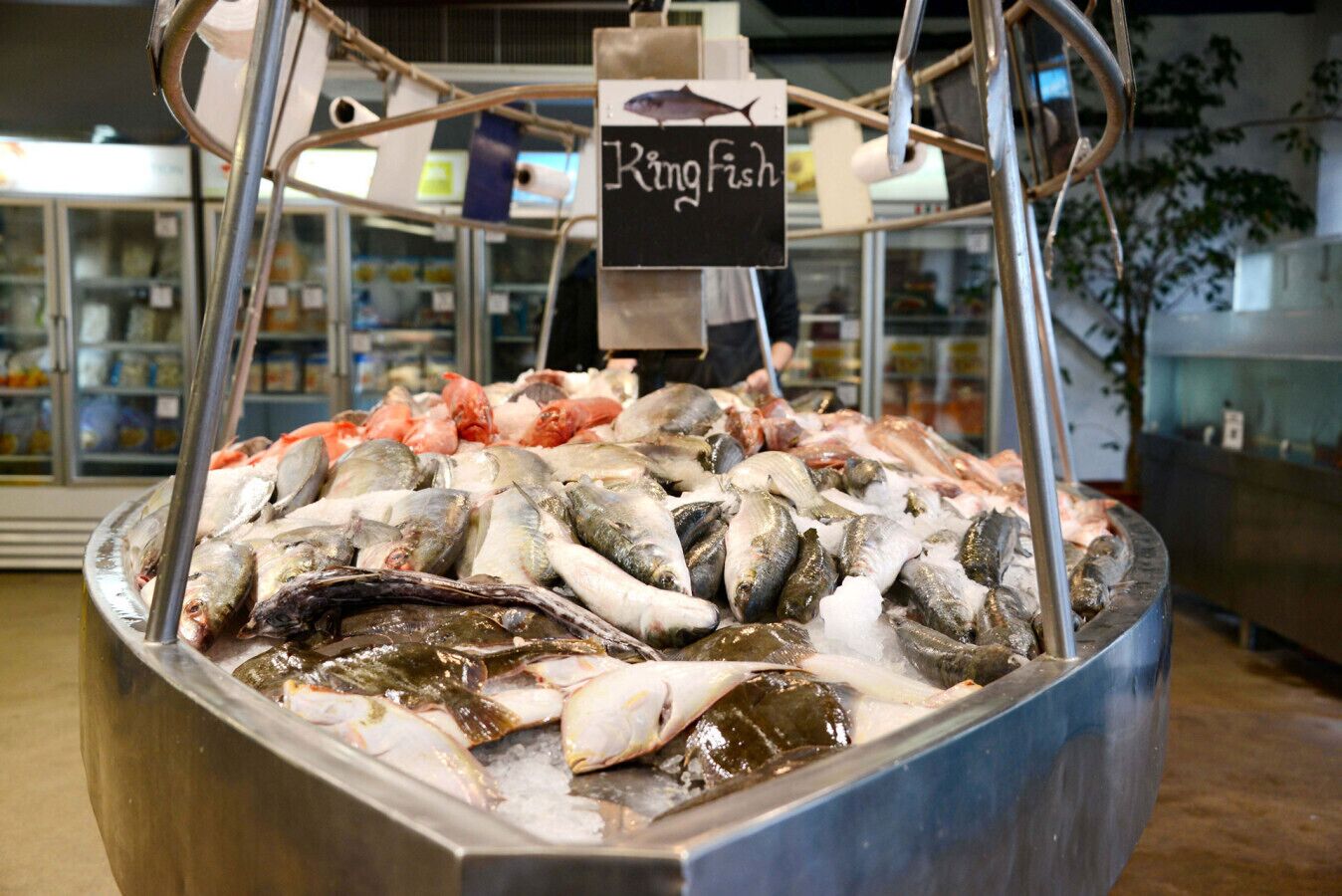 Exhibición de mariscos con diversos pescados y productos del mar, un letrero que indica 'Kingfish' y una sección refrigerada al fondo.